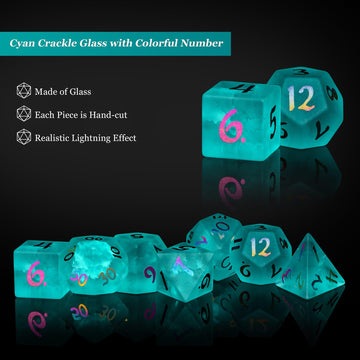 UDIXI Cyan Glass DND Dice Set, 7PCS Cracked Glass Dice for Dungeons and Dragons MTG Tabletop Games
