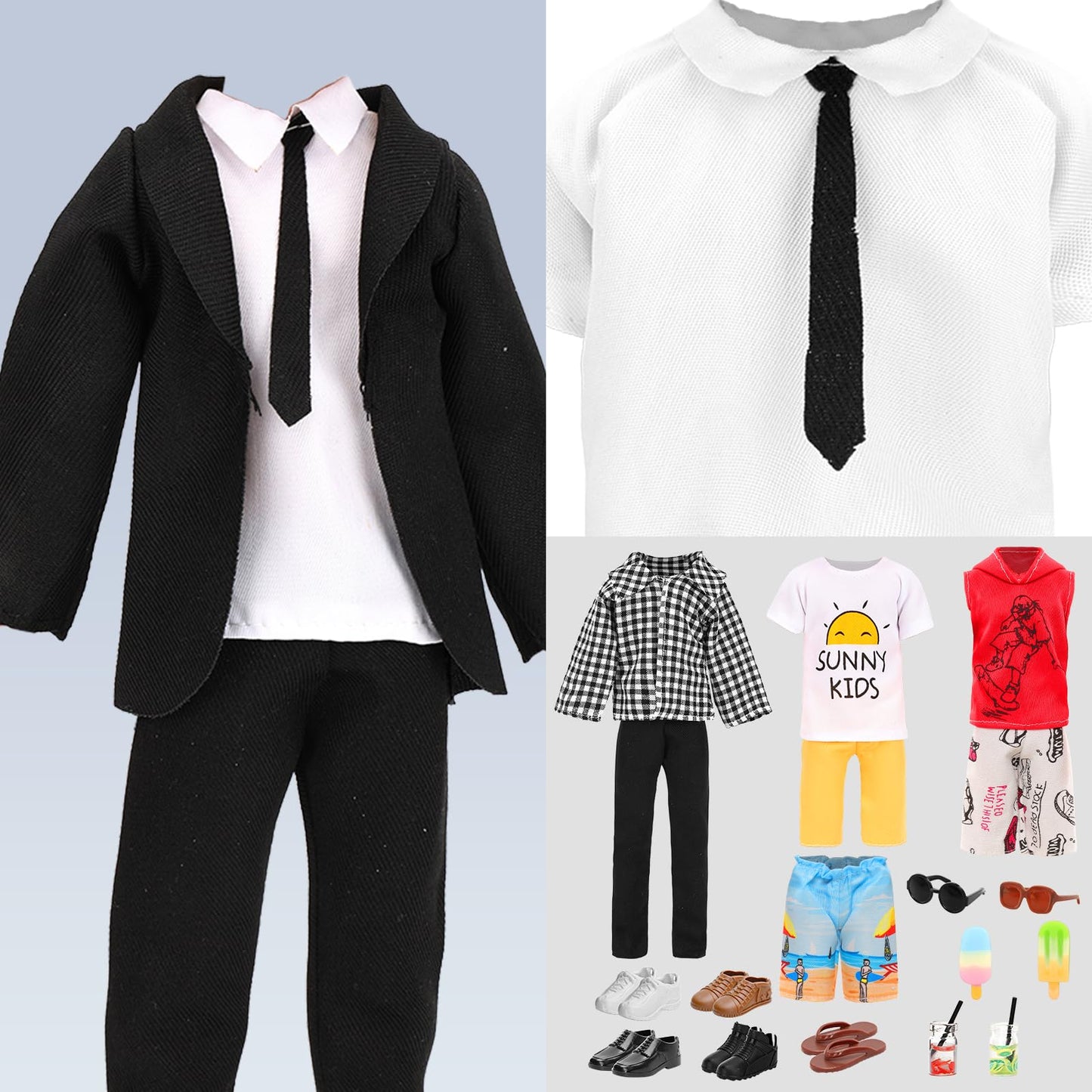 Miunana 21 PCS 11.5 Doll 5-in-1 Men's Fashion Bundle - 5 Outfits + 5 Shoes + 2 Sunglasses + 2 Ice Pops + 2 Drinks (Suit/Casual/Athletic/Swimwear) - Multi-Style Wardrobe Set for Business/Travel/Summer