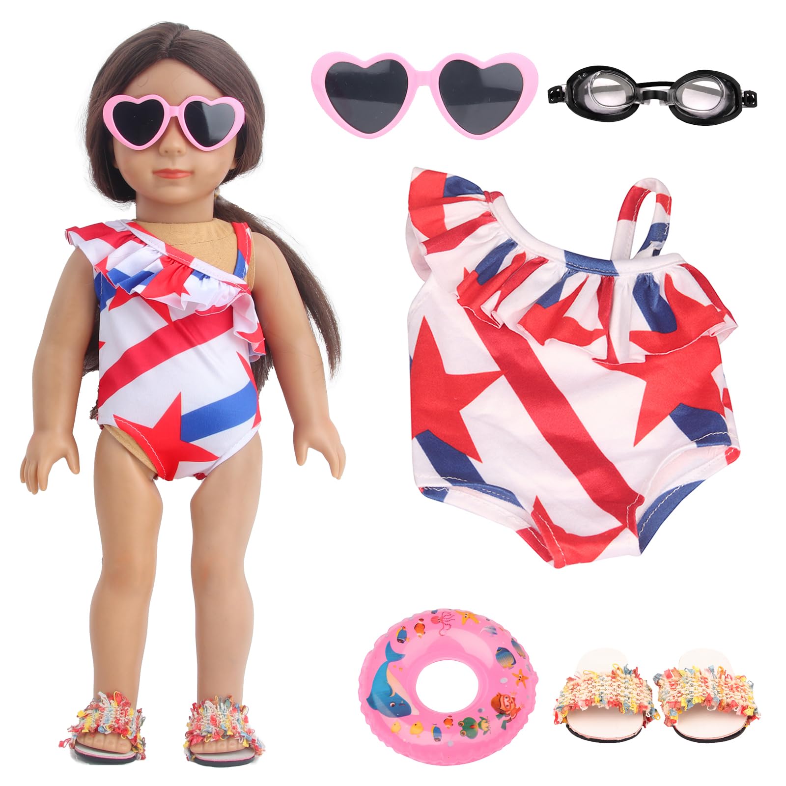 Msyo 18 Inch Doll Summer Outfits Set, Vibrant Doll Swimming Playset For American Doll Girls, Includes Doll Bikini Swimsuits, Heart-Shaped Sunglasses, Goggles, Sandals And Inflated Swimming Ring