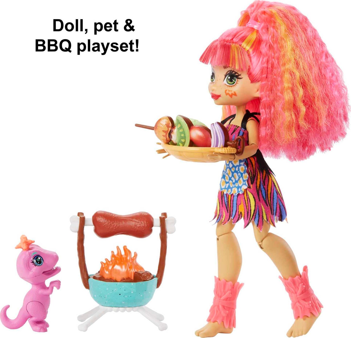 Mattel Cave Club Blazin' BBQ Adventure Playset with Emberly Doll (8 - 10-inch  Pink Hair)  Dinosaur Pet and Storytelling Accessories with Cooking Theme  Gift for 4 Year Olds and Up