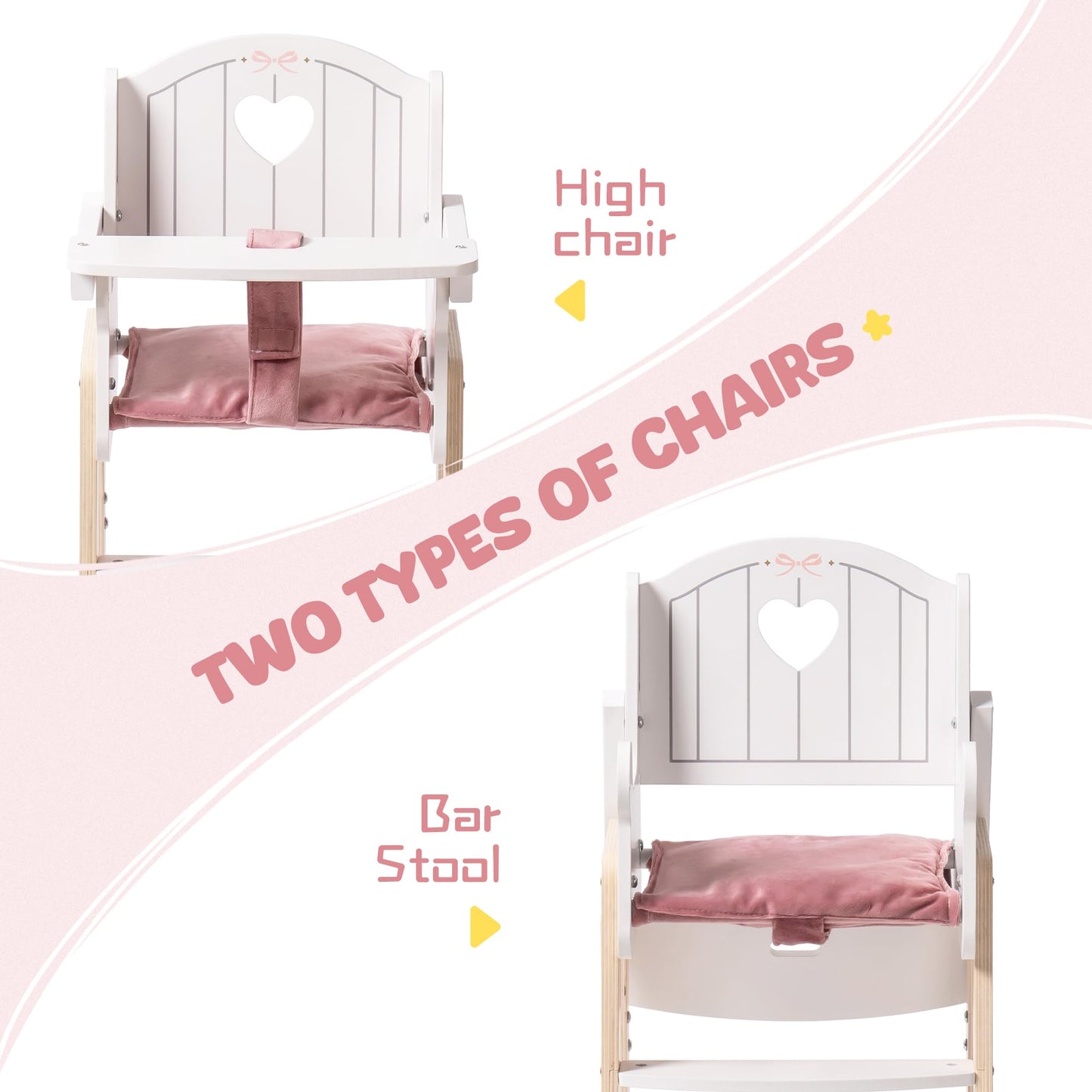 Robud Play High Chair, Pretend Play High Chair With Cushion, Movable Table, Wooden Baby Doll Accessories, Fits 18-20 Inch Dolls, White