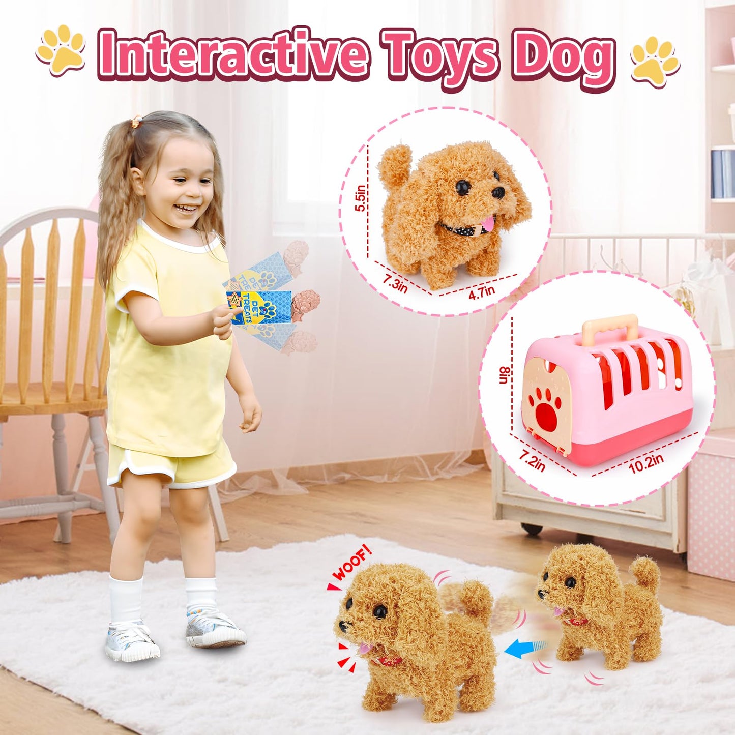 Tsomtto Interactive Dog Toy Walking Barking Veterinarian Playset for Kids Puppy Stuffed Animal with Carrier & Accessories Preten