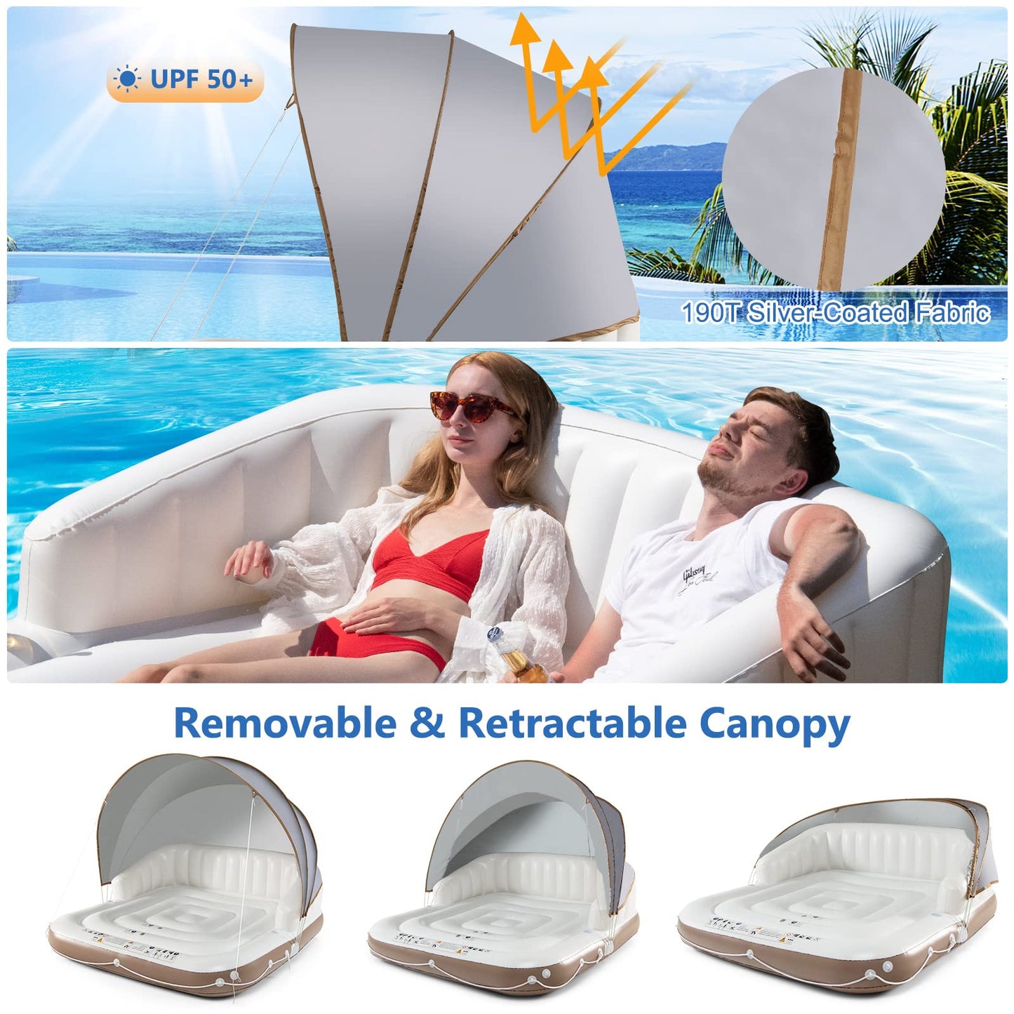 Tangkula Giant Inflatable Pool Float for Adults, UPF50+ Sunshade, Ergonomic Design, Large, White and Brown, Model 10725-NP