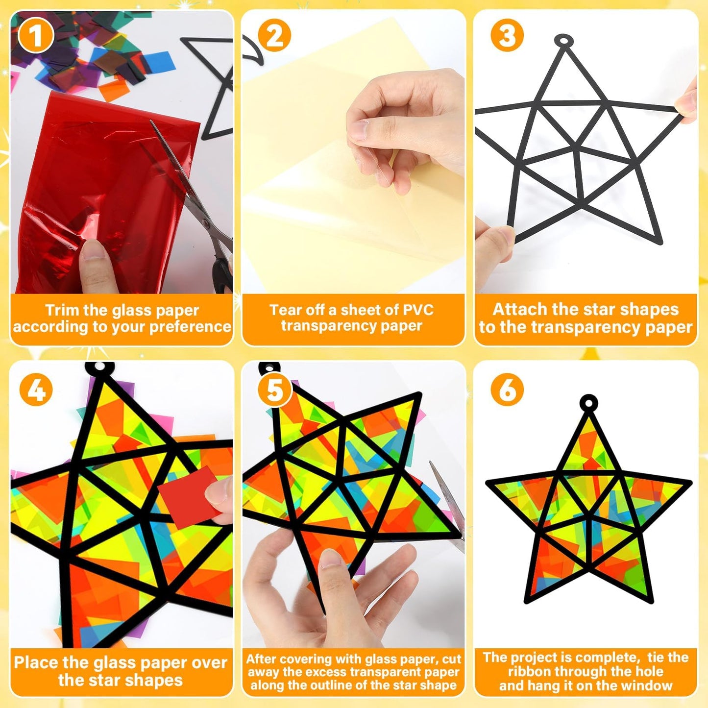 QOUBAI 32 Sets Christmas Stars Suncatchers Craft Back to School DIY Stained Glass Window Patriotic 4th of July Paper Craft Home