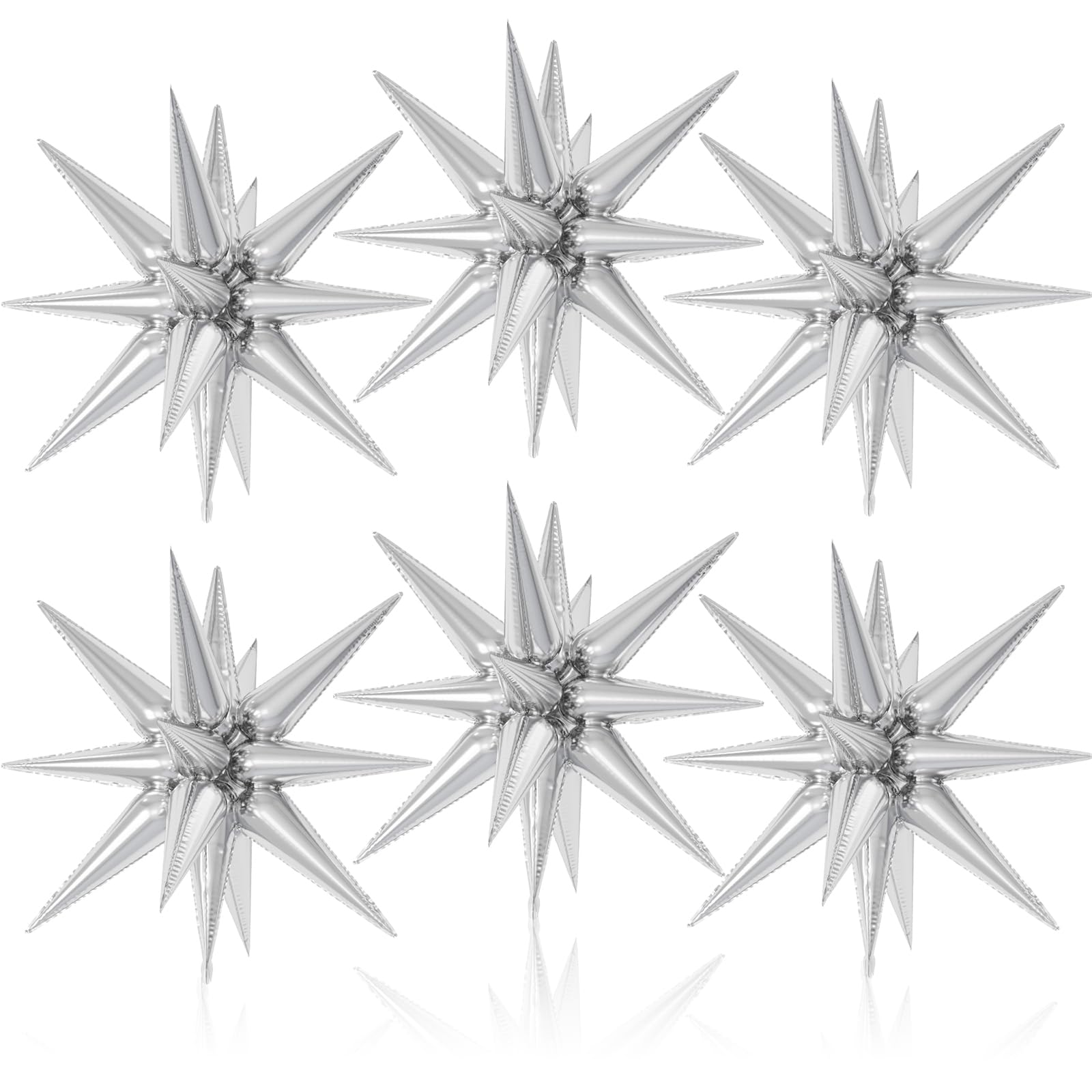 6PCS Star Balloons, 22Inch Large Silver Star Balloon Explosion Foil Balloons Cone Spike Balloon for Birthday Graduation Wedding 