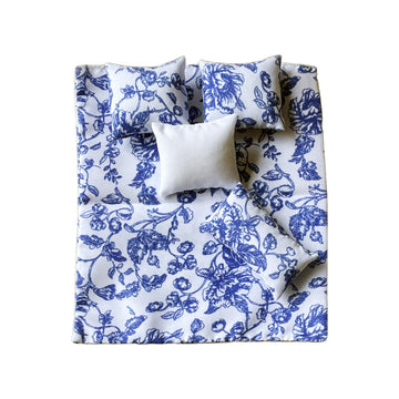 Dollhouse Furniture Mini Bed Set, Bedroom Accessories For 6 Inch Dolls, Blue Bedding, Wooden Frame, 1/12 Scale
