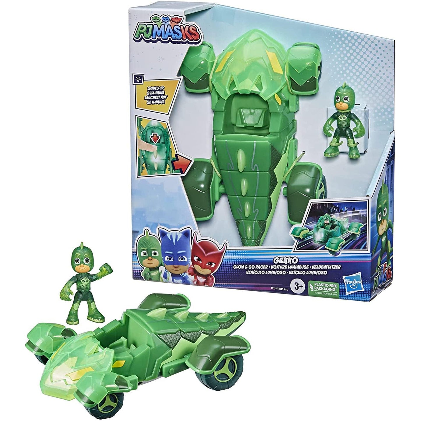 Pj Masks Glow & Go Gekko-Mobile Preschool Toy Vehicle, Gekko Car Light-Up Racer With Gekko Action Figure For Kids Ages 3 And Up