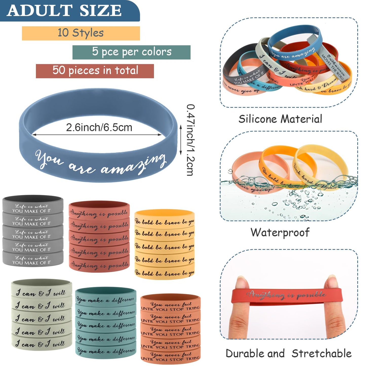 Sieral 50 Pcs Inspirational Wristbands Motivational Rubber Bracelets Thank You Gifts Bulk for Students Women Men Stretch Quote S