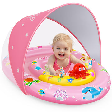 EZIGO Baby Pool Float with Canopy UPF50+ Sun Protection, Inflatable Kids Pool Floats with Ocean Animal Toys for Baby 6-36 Months
