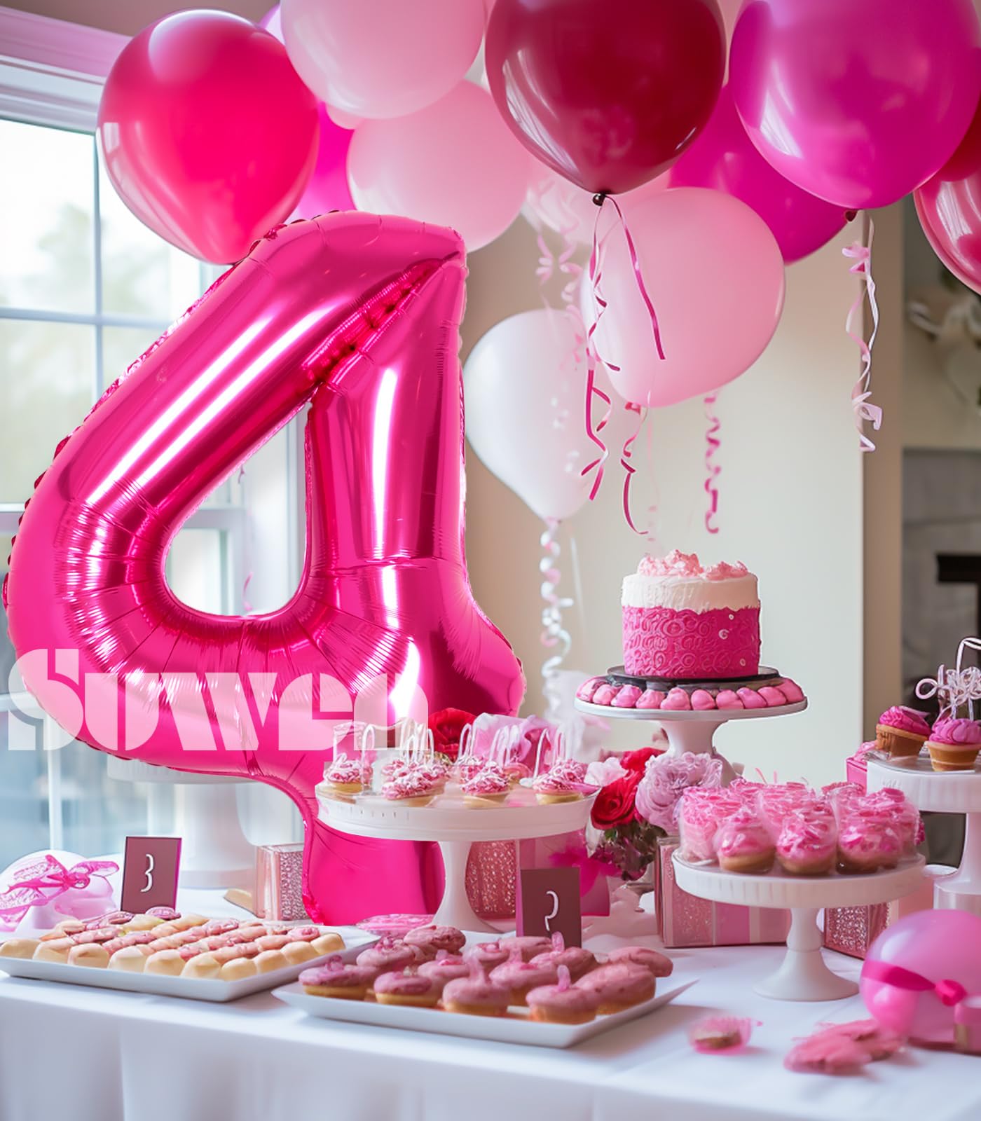 Suwen 40 Inch Hot Pink Large 4 Number Balloons Big Foil Helium Number Balloons 0-9 Jumbo Happy 4Th Mylar Birthday Party Decorati