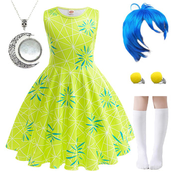 Magwei Girls Disgust Costume Joy Princess Dress Costume Kids Cosplay Dress Up Halloween Birthday Christmas Outfits With Wig (Lig