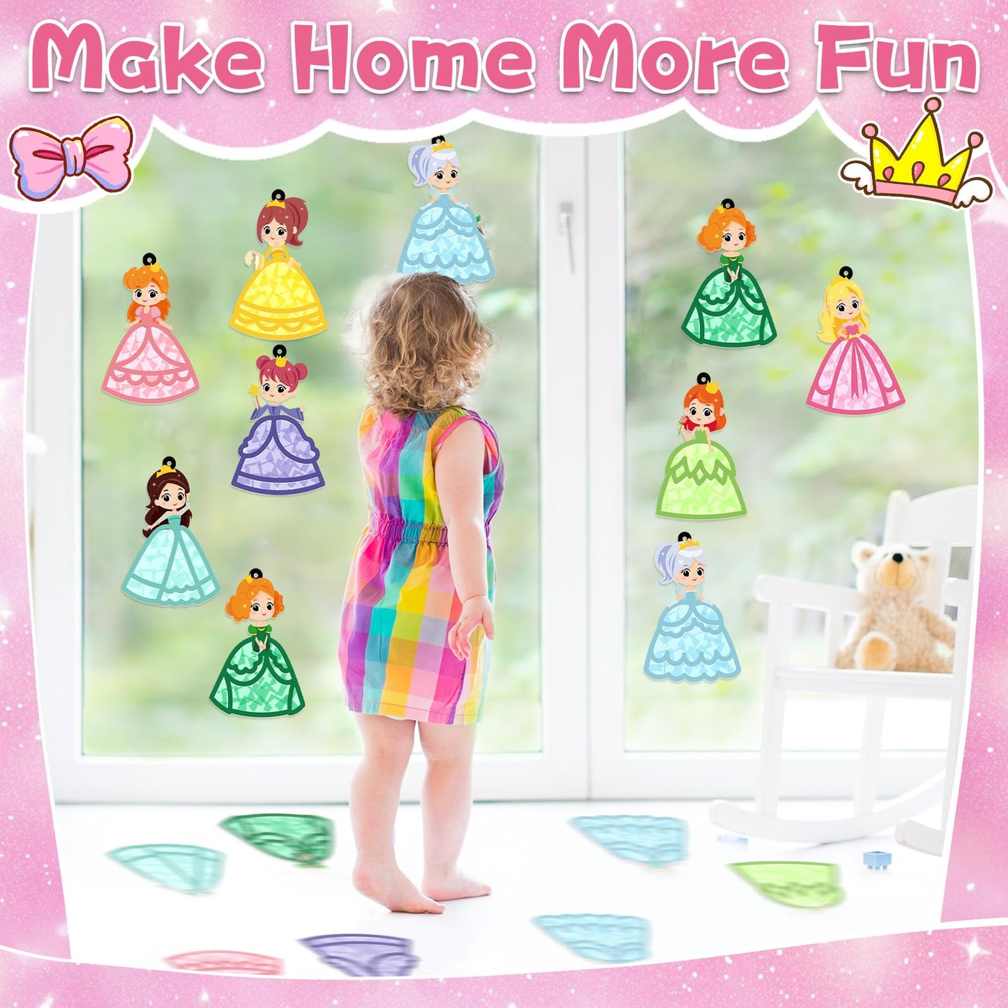 QOUBAI 32 Sets Princess Suncatchers Craft Kit DIY Window Stained Glass Effect Princess Paper Crafts Home School Classroom Decora