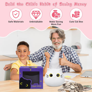 Jizwpoom Piggy Bank, Cute Cat Piggy Bank Cat Money Saving Box For Kids, Coin Piggy Bank Coin Bank Box Unbreakable Piggy Bank Toy Gifts For Adults Boys Girls Birthday (White, 7 Inch)