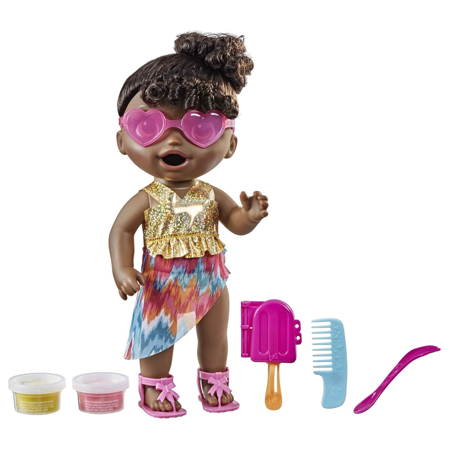 Baby Alive Sunshine Snacks Doll - 13" Summer Waterplay Baby Doll, Black Hair, Plastic, Model F1682, Fun Ice Pop Mold for Kids 3+