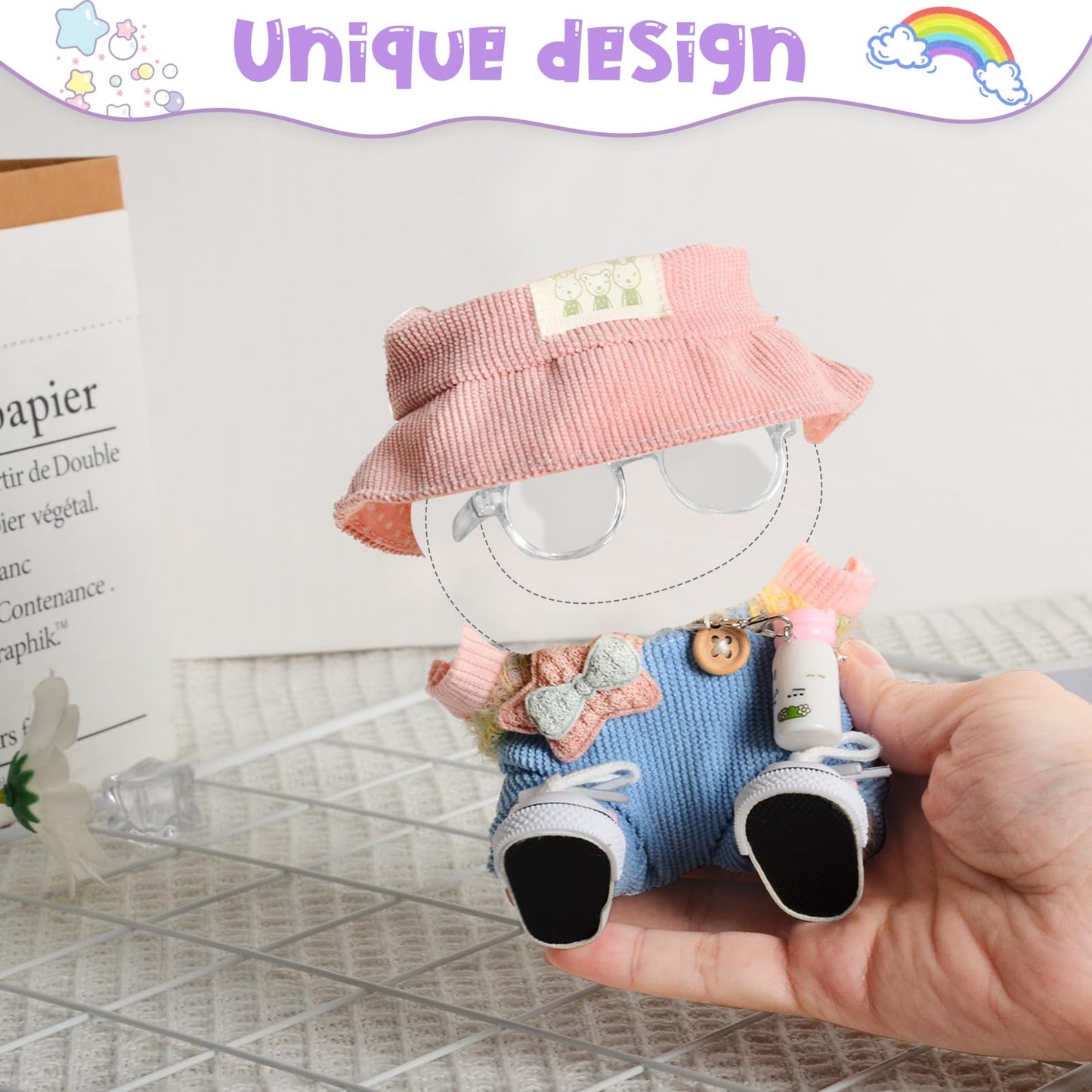 7 Pcs Clothes for Popular Dolls - 17cm - Pink Sweater + Overall + Pink Hat + Glasses + Shoes + Kettle + Rainproof Bag- enhanced Doll Outfit Accessories for Play & Display (No Doll)
