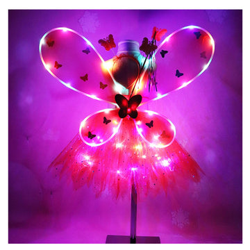 Purfeel Girls Led Light Up Angel Wings Kids Butterfly Wings Costume 4Pcs Sets Hot Pink