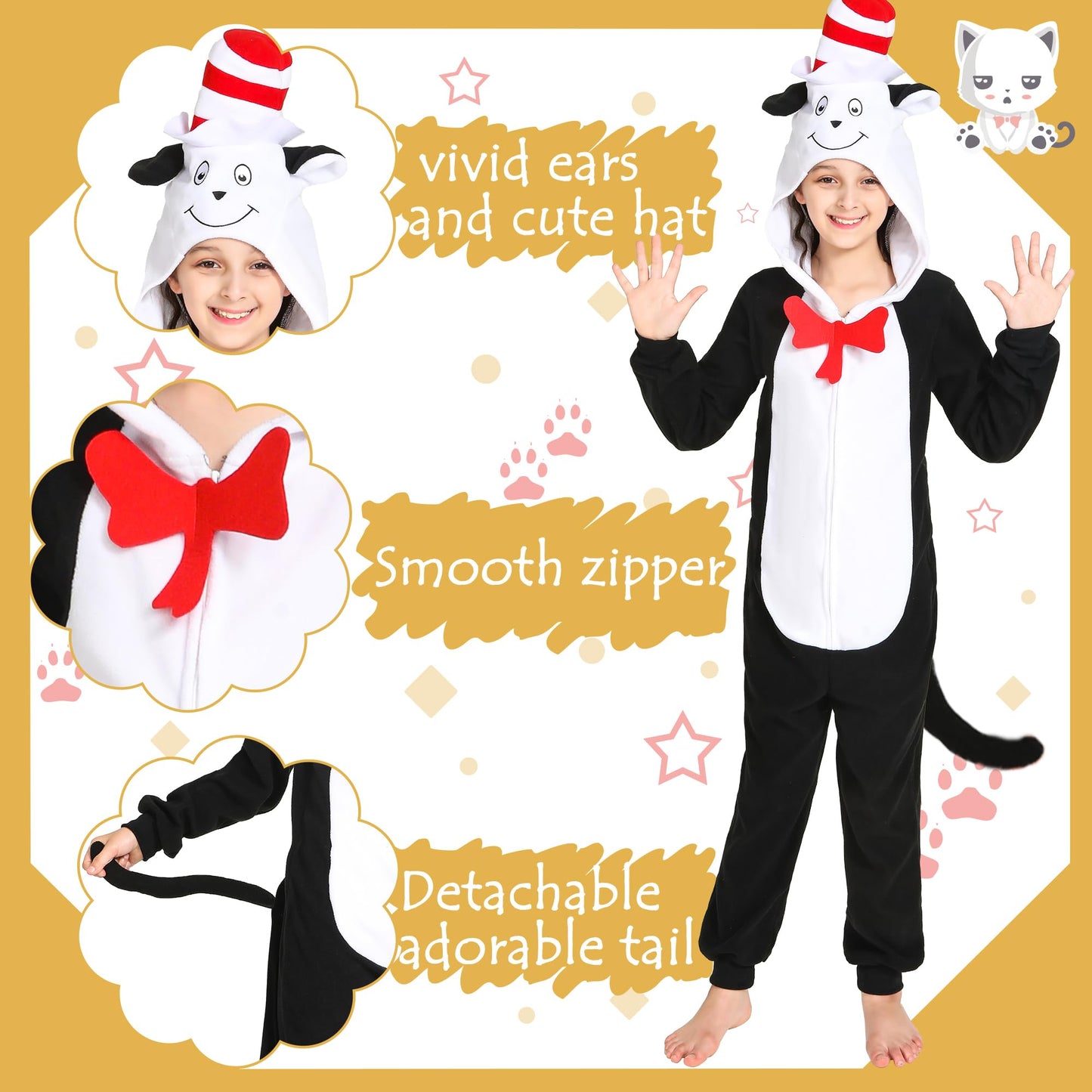Wizland The Cat In The Hat Costume Onesie Kids Dr Seuss,One Piece Plush Animal Jumpsuit, Halloween Christmas Cosplay Costumes Boys&Girls Sleepwear, Detachable Tail And Hat 10-12