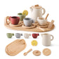 Wooden Tea Party Set for Little Girls 14pcs Toddler Tea Set with Silicone Teapot Cups Carrying Tray Scoop Kids Kitchen Accessori
