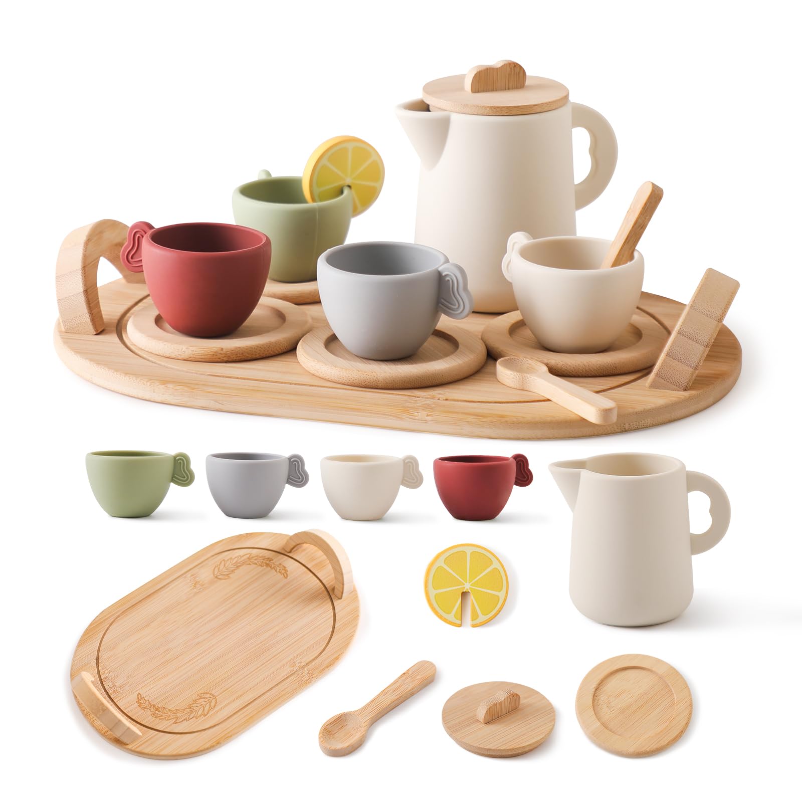Wooden Tea Party Set for Little Girls 14pcs Toddler Tea Set with Silicone Teapot Cups Carrying Tray Scoop Kids Kitchen Accessori