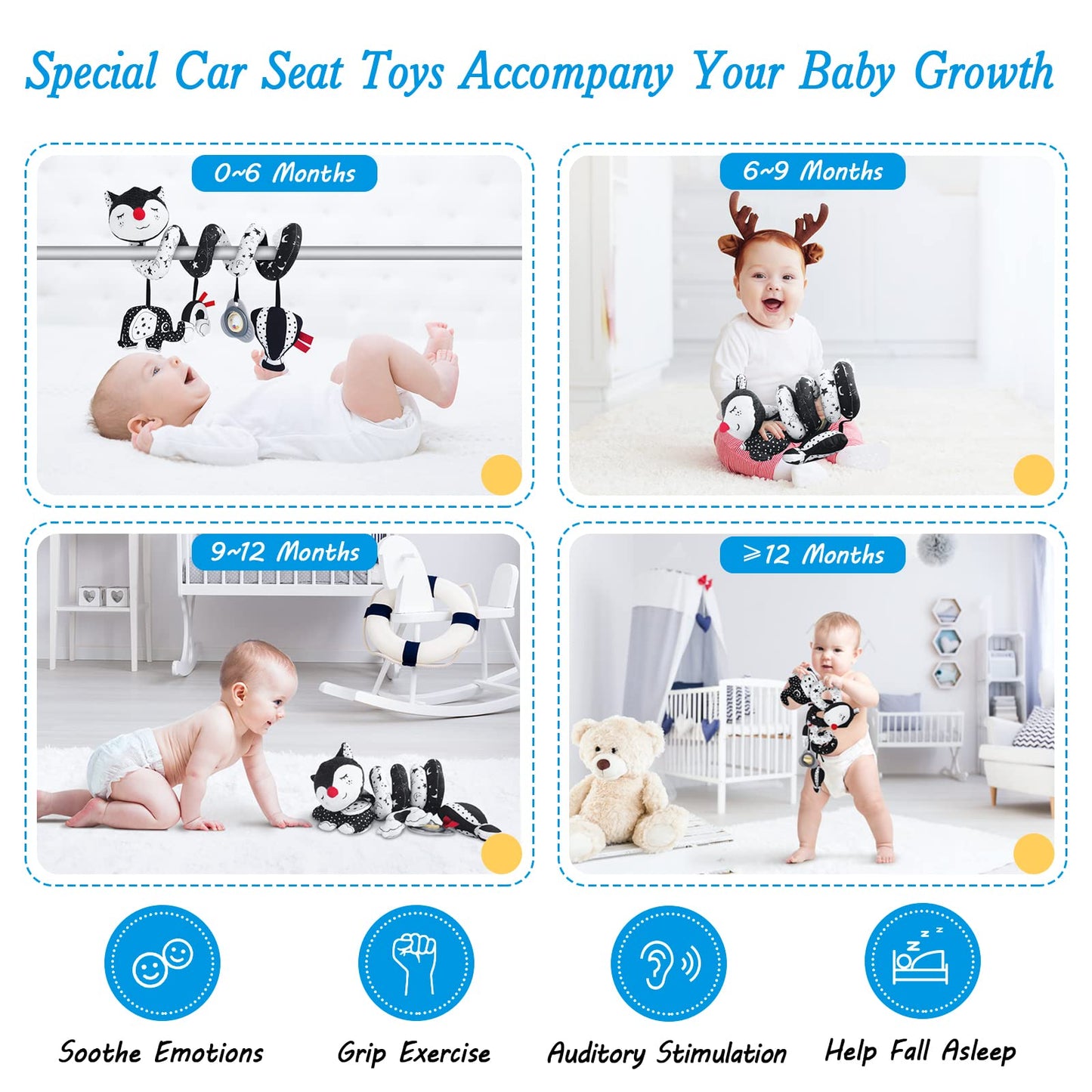 Car Seat Toys For Babies 0-6 Months, Black And White Spiral Carseat Toys For Infant 0-3 Months, High Contrast Baby Toys For 3-6