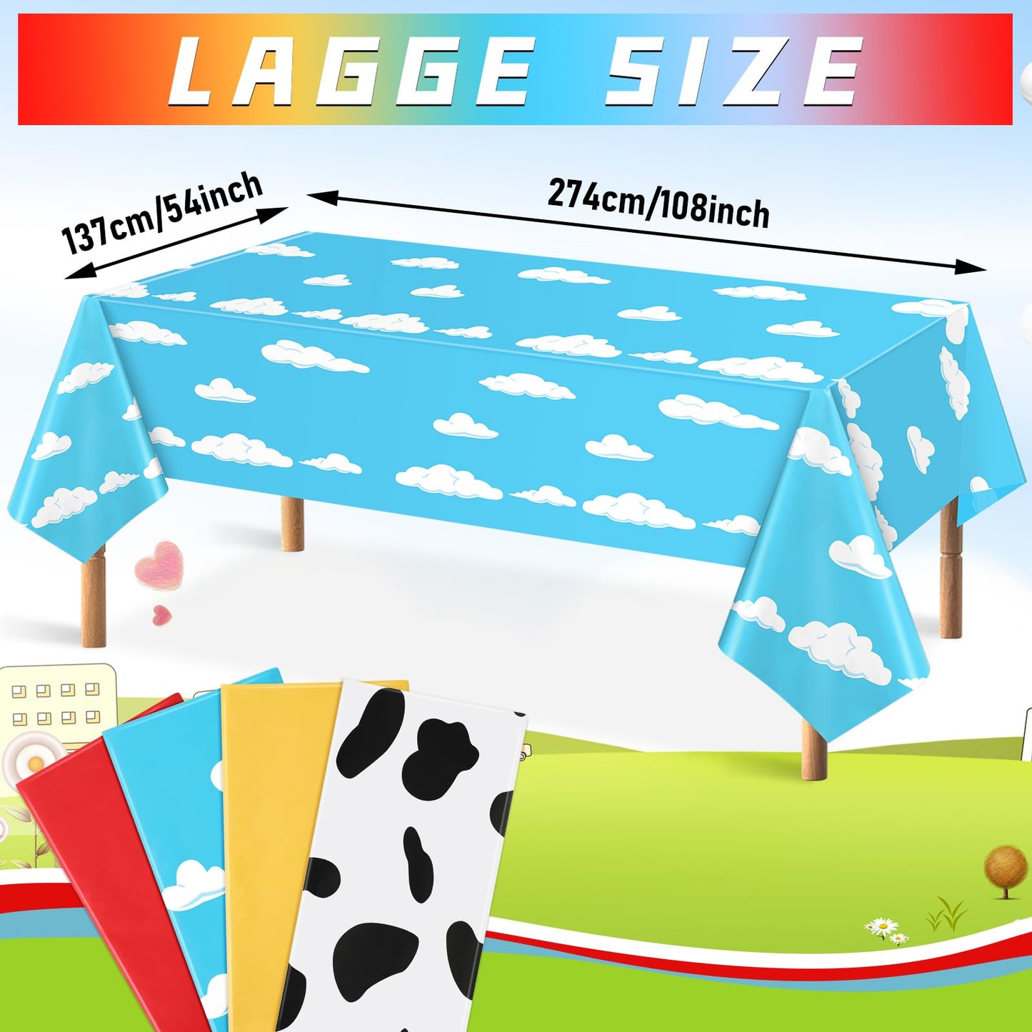 NOVWANG Kids Story Tablecloth, 4 Pack Blue Sky White Cloud Tablecloth Mix Color Toy Inspired Tablecloth Disposable Cow Table Cov