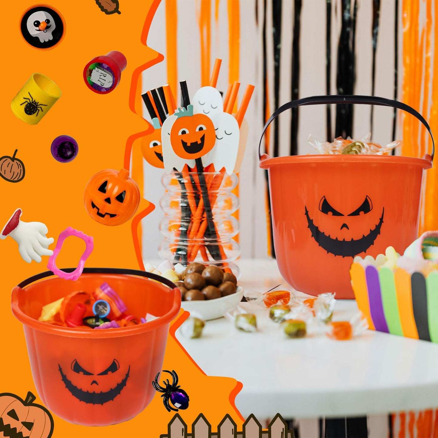 novelinks Halloween Party Favors for Kids 96PCS Halloween Toys in Bulk Halloween Prefilled Plastic Pumpkins Buckets Halloween Go