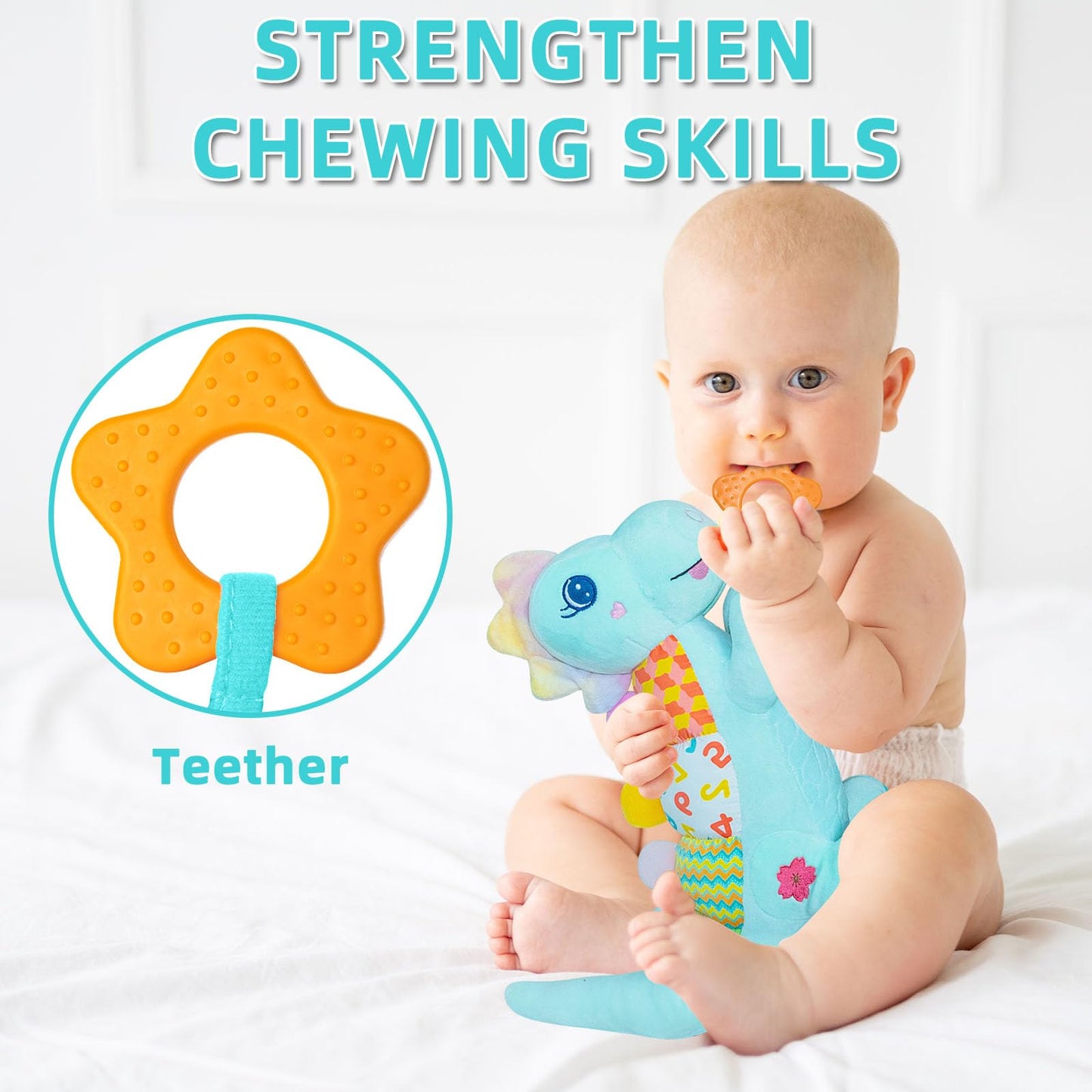 Baby Dino Musical Stuffed Animal Toys For 0-3-6-9-12 Months,Infant Dinosaur Tummy Time Toys With Crinkle Sound Paper,Teether,Tex