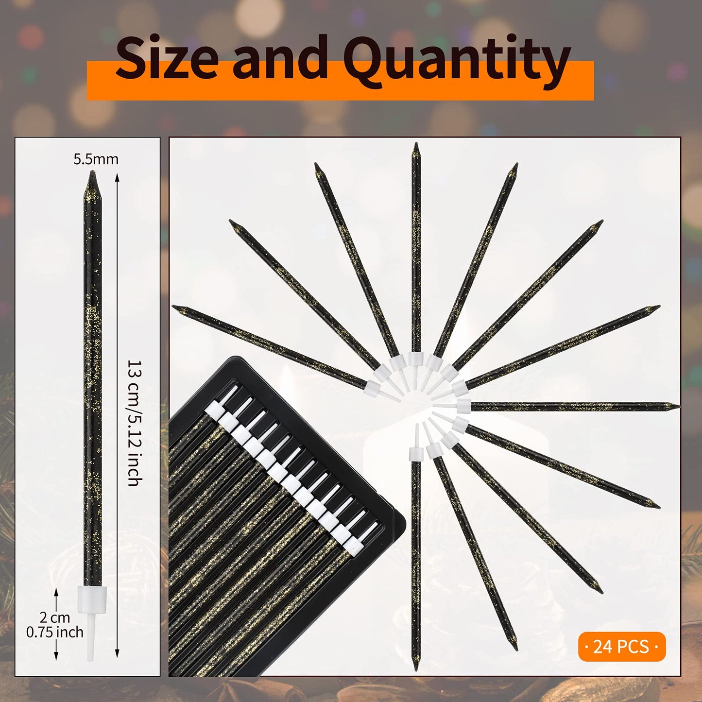 Nuanchu 24 Pieces Black Gold Birthday Cake Candles Long Thin Cupcake Candles Metallic Cake Toppers Candles for Birthday Wedding