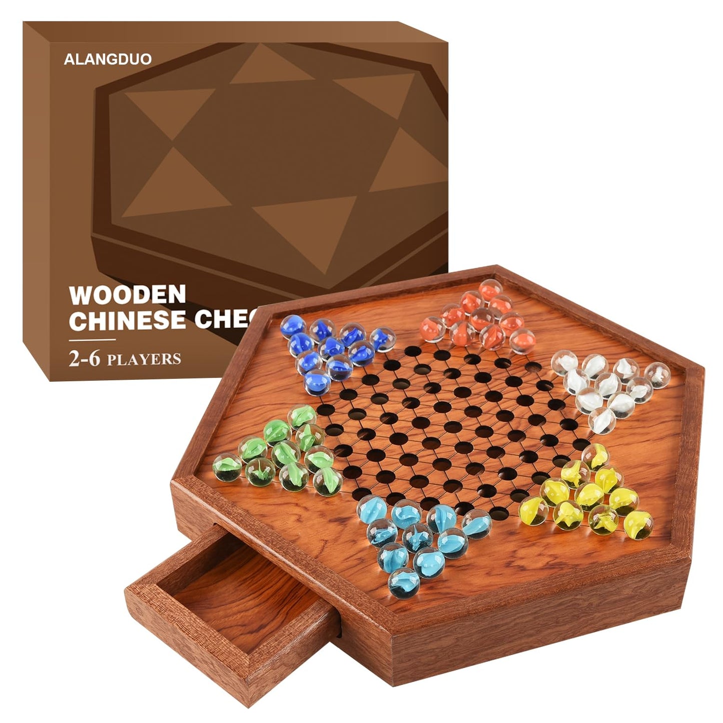 ALANGDUO Large 12.7" Wooden Chinese Checkers Set with 60+12 Glass Marbles, Dual-Sided Storage Drawer - Family Board Game for All Ages