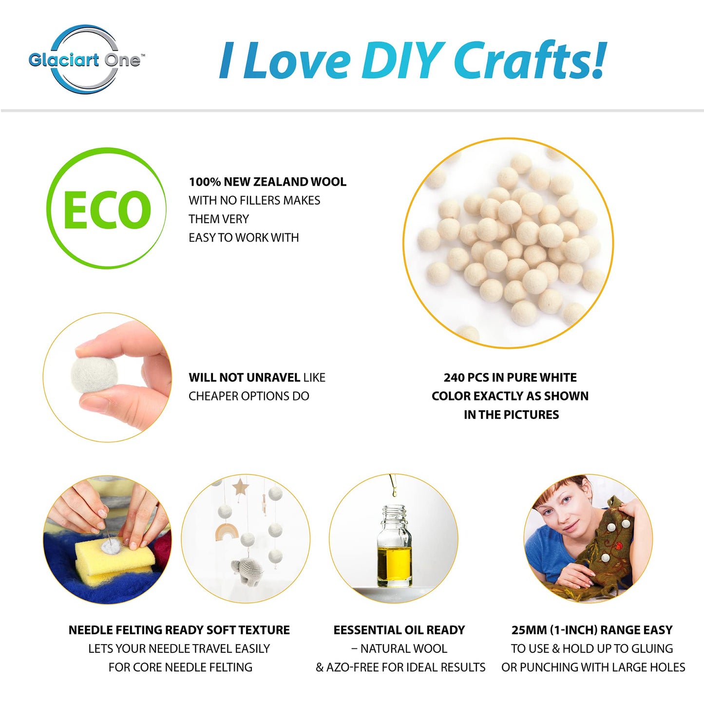 Glaciart One Wool Felt Balls, Felt Ball (240 Pieces) 2.5 Centimeters - 1 Inch, Handmade Felted Pure White Color - Bulk Small Puf