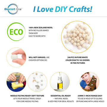 Glaciart One Wool Felt Balls, Felt Ball (240 Pieces) 2.5 Centimeters - 1 Inch, Handmade Felted Pure White Color - Bulk Small Puf