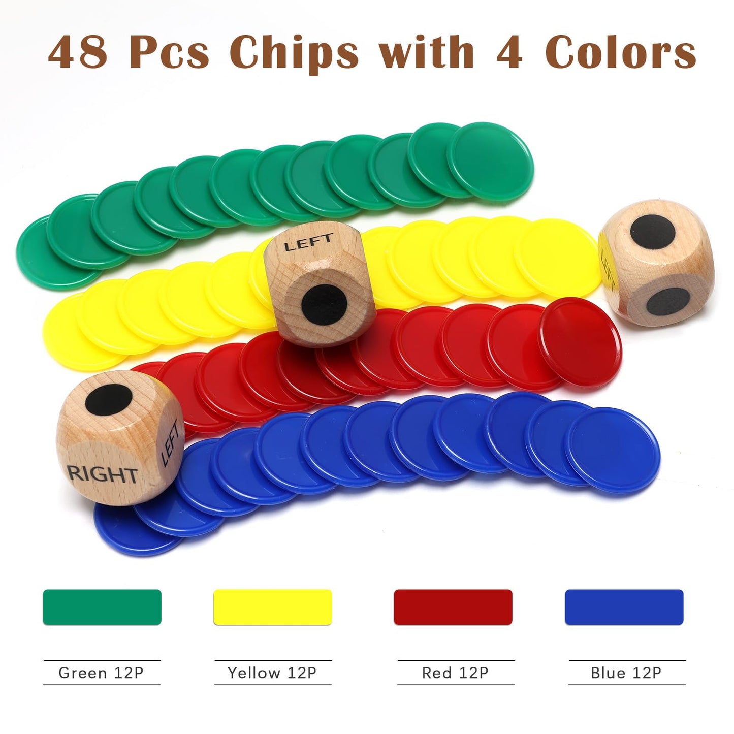 3+48 Pcs Left Right And Center Game Dice, Luxiv 3Pcs Wood Left Right And Center Game Dice With 48Pcs 4 Color Chips, Storage Box