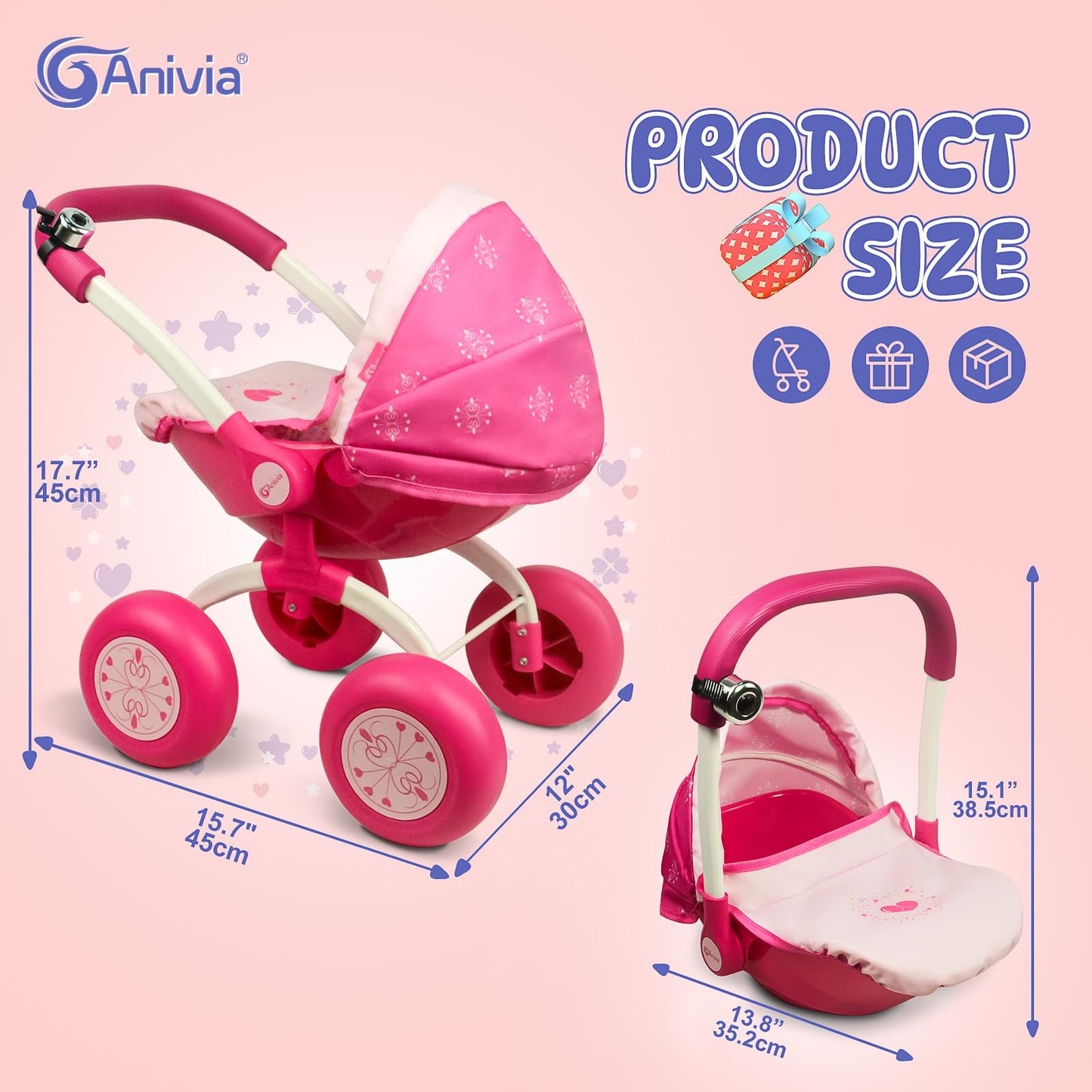 Annivia Baby Doll Stroller Baby Doll Pram Baby Doll Carriage -Metal Fold Up And Down Stroller For Baby Dolls