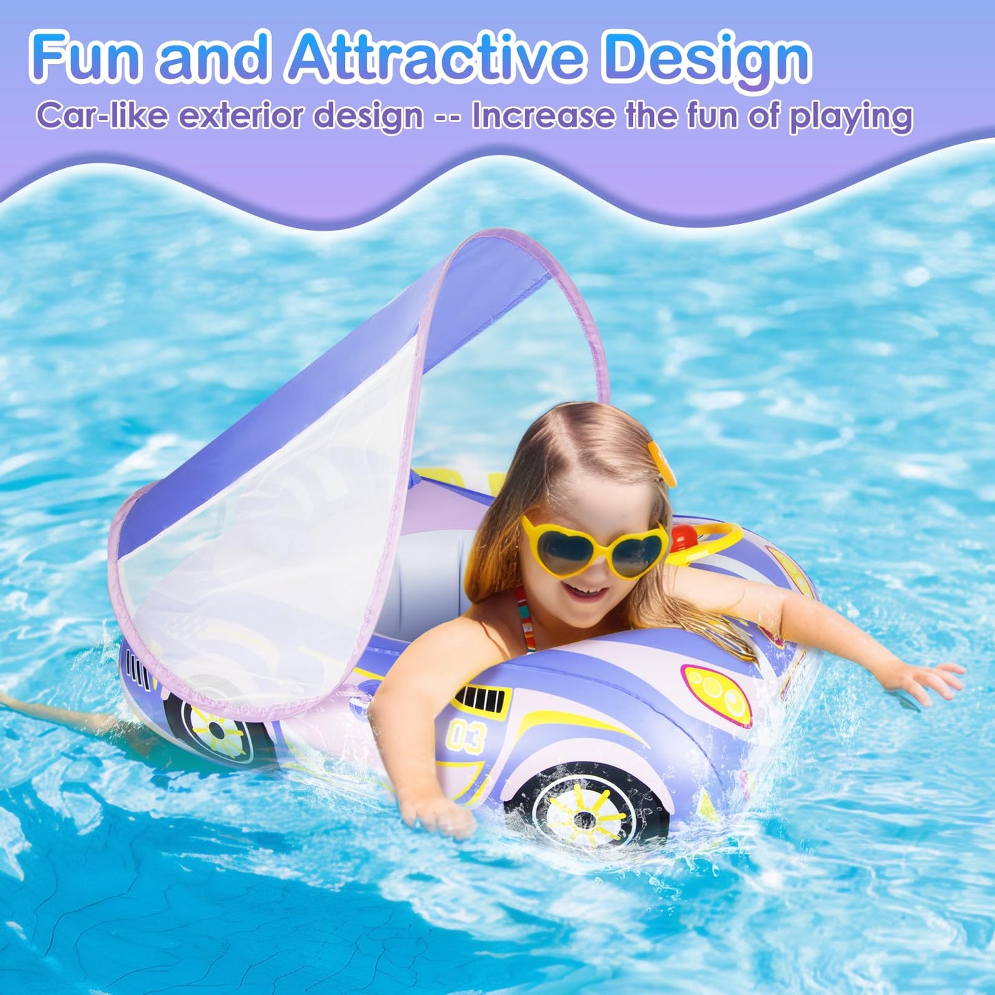 Baby Pool Float with Canopy: Baby Floats for Infants Toddler 6-48 Months Qoosea Swimming Floaties with UPF50+ Sun Protection & Toy Play Steering Wheel & Patch Kit (Purple)