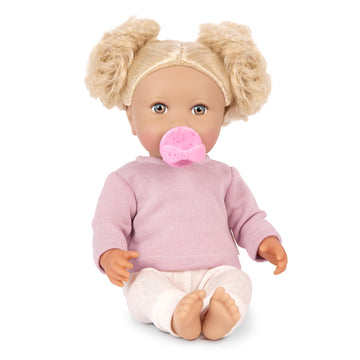 Lullababy - 14-Inch Realistic Baby Doll - Wavy Light-Blonde Hair, Blue Eyes & Soft Body - Pink Sweater Outfit, Hair Elastics & P
