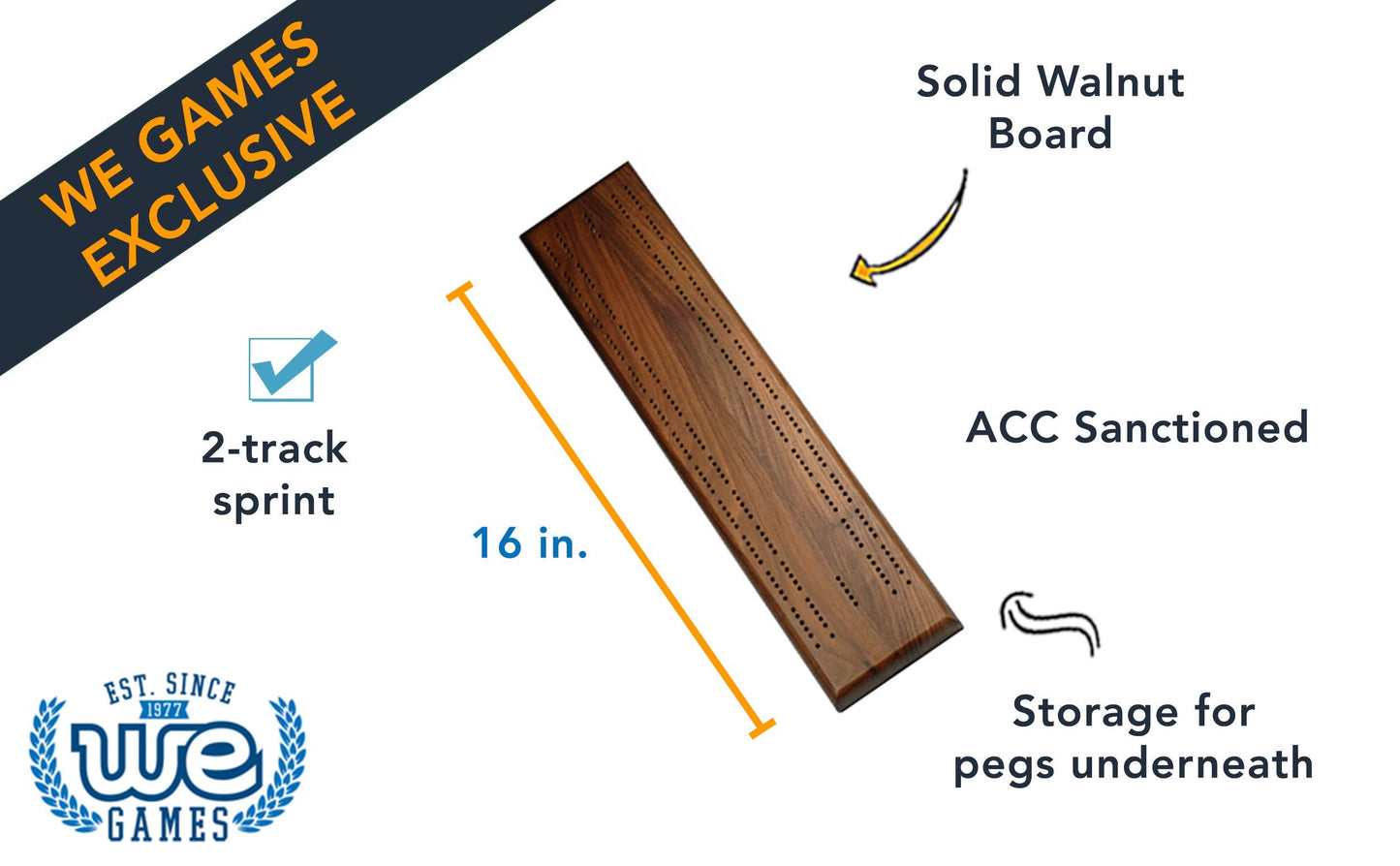 We Games Competition Cribbage Set - Solid Walnut Wood 2 Track Sprint Board With Metal Pegs