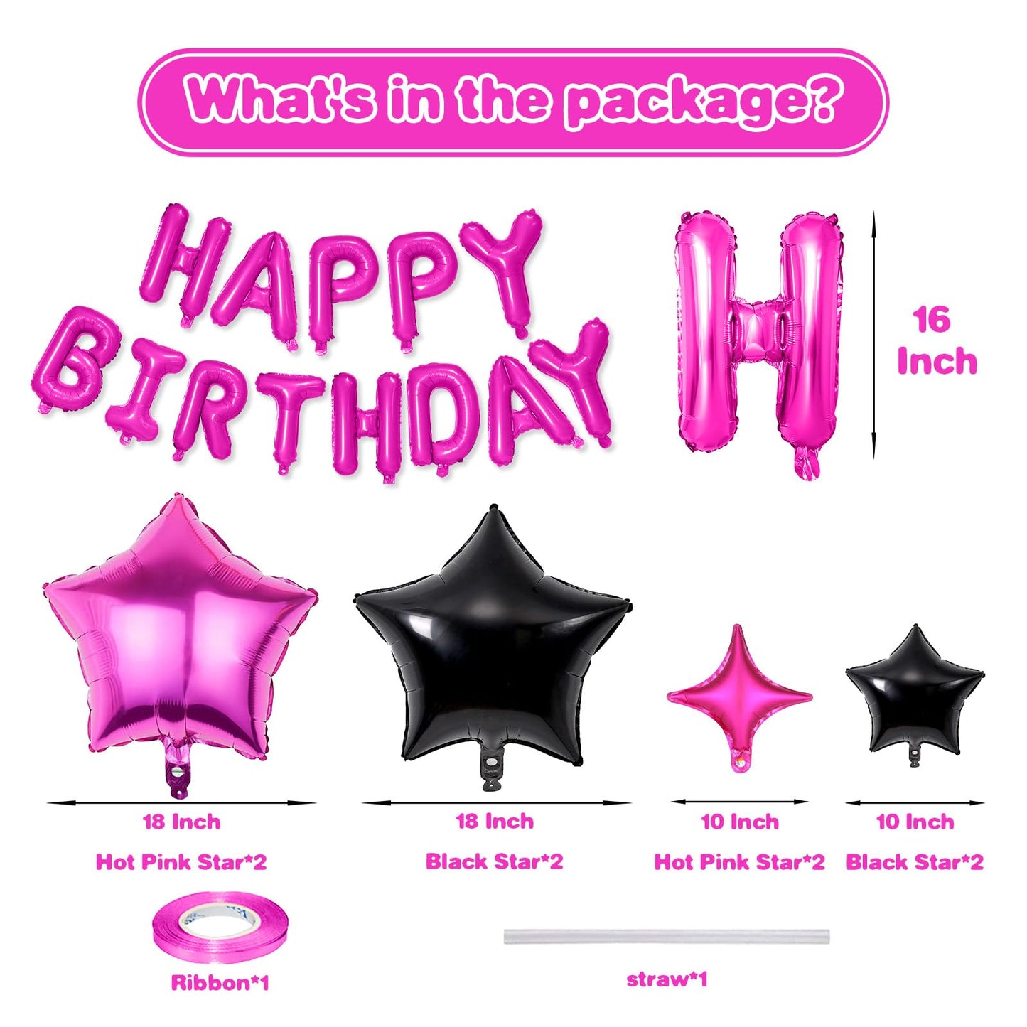 Happy Birthday Balloons Banner, Hot Pink Black Happy Birthday Foil Balloons 16 Inch Mylar Foil Letter Balloons With 8 Pcs Hot Pi
