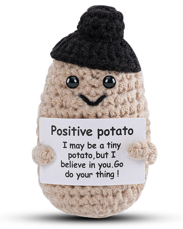 Jelutar Mini Funny Positive Potato, 3 Inch Knitted Doll With Positive Card For Cheer Up Gifts And Party Decorations, Cute Positive Potato Crochet Doll For Birthday Gifts (Potato With Black Hat)