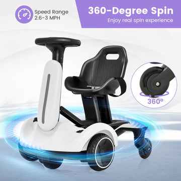 Costzon Ride On Drift Car, 6V Electric Ride-On Toy W/360-Degree Spin, 2-Position Adjustable Seat Up & Down/Front To Back, 2.6-3 Mph Max Speed, Horn & Engine, Drifting Go Kart For Kids 3+ (White)