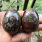 Fekuar Stone Egg Figurine, Polished Healing Crystal Easter Eggs Sphere Sculpture With Wood Stand, Natural Dragon Bloodstone, 1.8