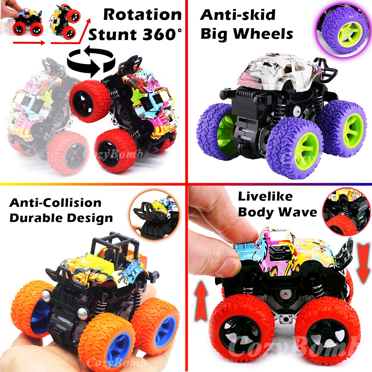 CozyBomB Friction Powered Monster Trucks Toys for Boys/Girls - Push and Go Car Truck Playset, Inertia Vehicle, Kids Birthday Chr
