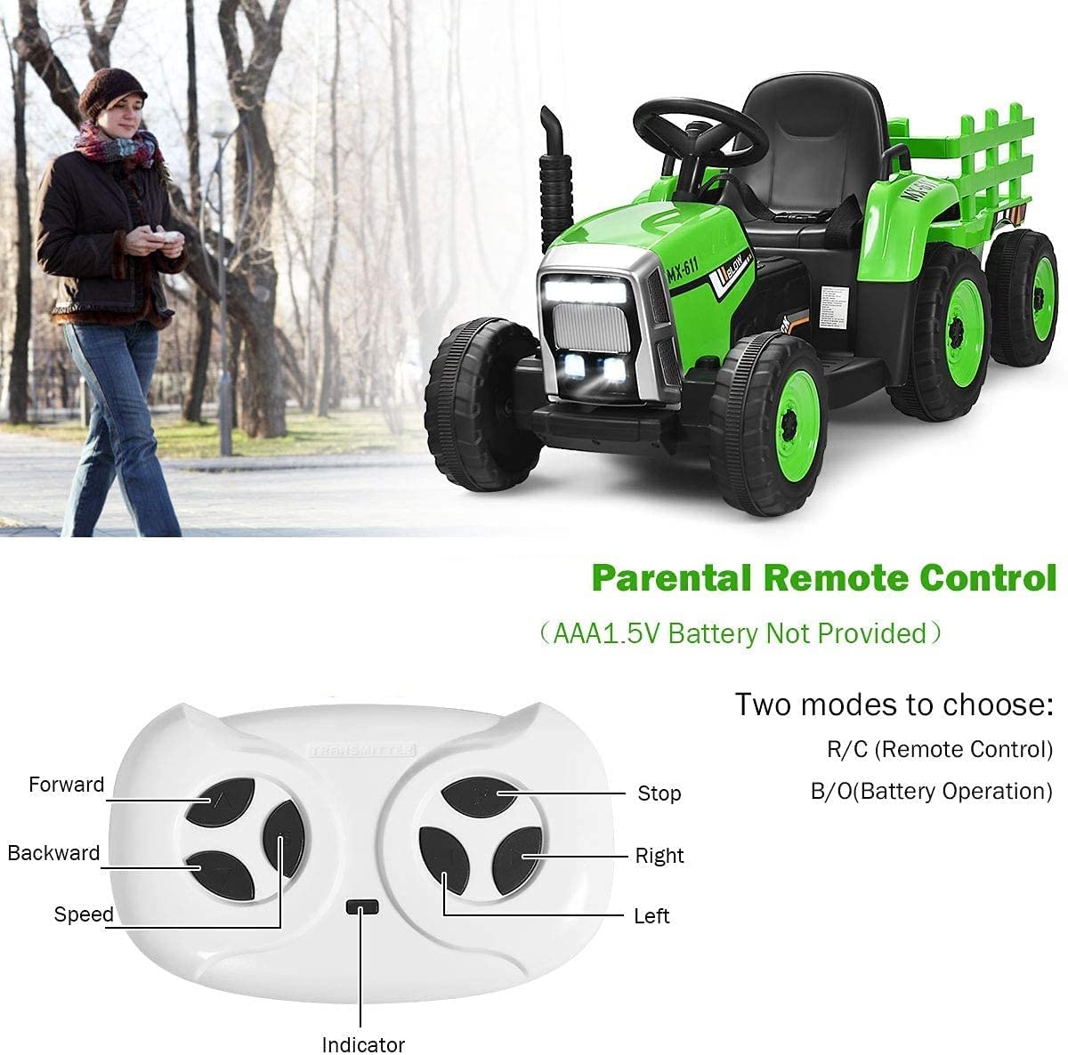 Costzon Ride On Tractor With Detachable Trailer, 12V Kids' Electric Vehicles W/3-Gear-Shift Ground Loader, Wireless Design & Usb, 7 Led Headlights, Remote Control Tractor Toys For Kids 3+ (Green)