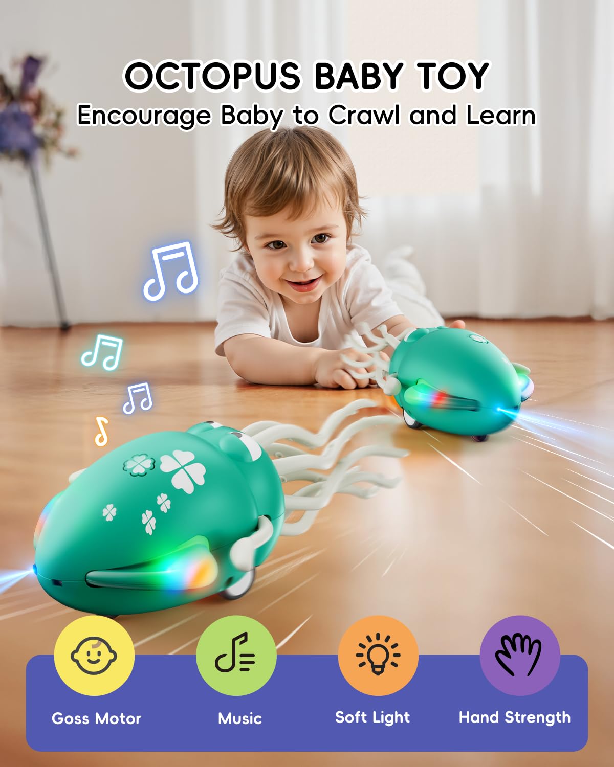 Electric Crawling Dancing Octopus Toy - LED Lights & Music, USB-C Rechargeable Tummy Time Toy for 36 Months-6 Years Toddlers, Bo