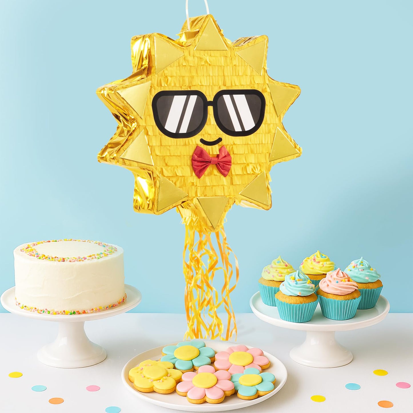 WERNNSAI Sun Pinata - Pull String Sunshine Party Decoration for Kids - Yellow - Includes Blindfold and Bat for Birthday & Baby Shower