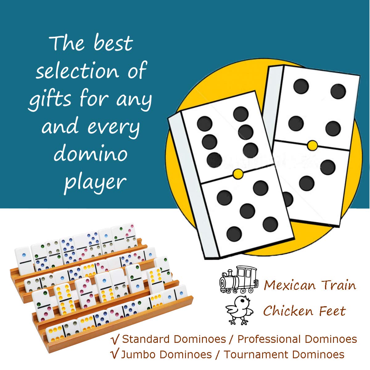 Exqline Wooden Domino Racks Organizer Set of 4 - Premium Brown Holders for Mexican Train Dominoes - Model DR-002