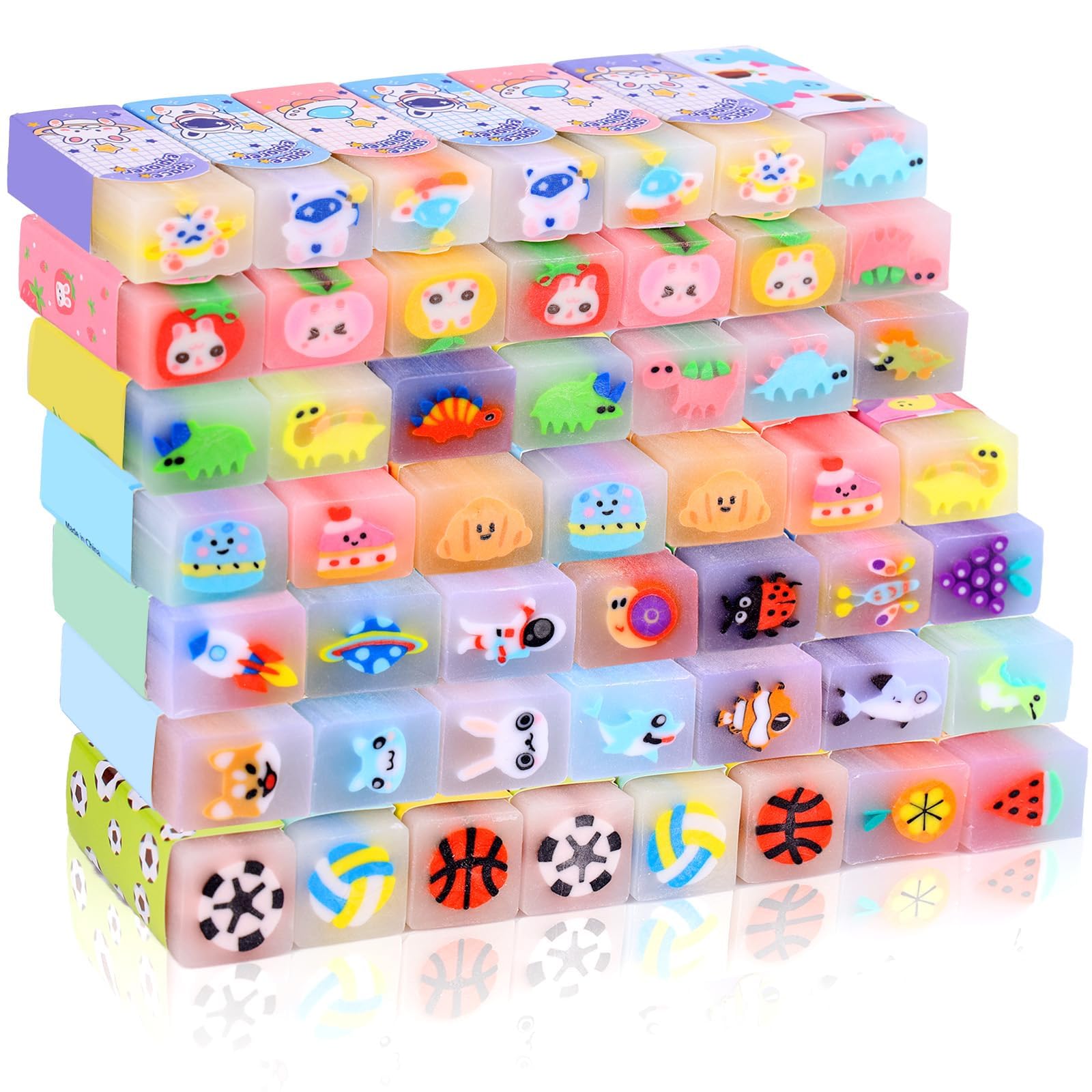 50 Pcs Cute Erasers for Kids Jelly Animal Fruit Dinosaur Space Pet Fun Pencil Erasers for Students Back to School Supplies Prize