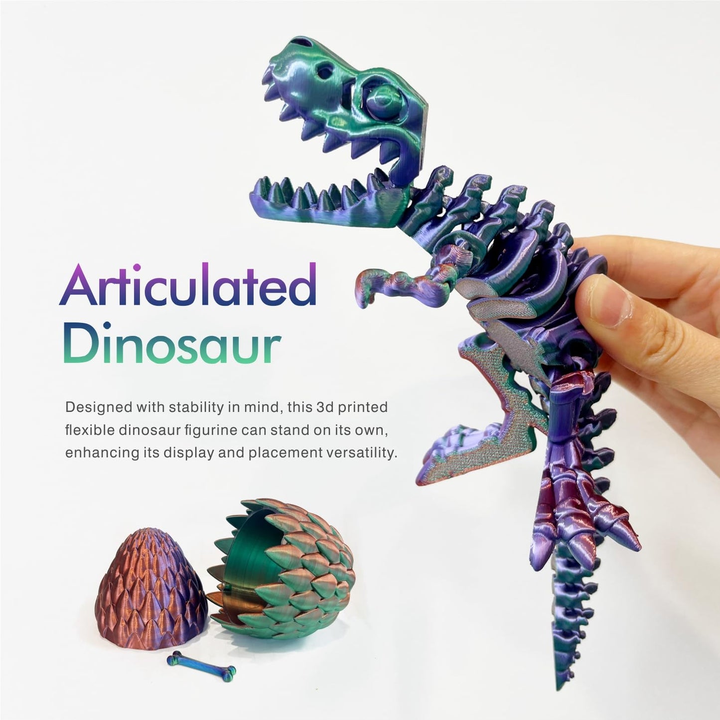 3D Printed Dinosaur Toy, 3D Printed Dinosaur Egg With Articulated Tyrannosaurus Rex, Mystery Crystal Dinosaur Flexible Rexi Toys With Bone, Articulated Fidget Dragon For Autism (Green-Purple-Copper)