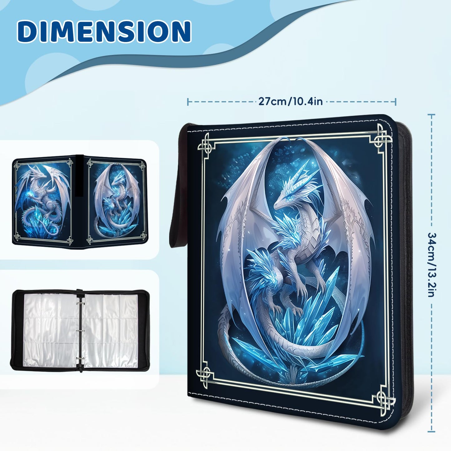 Wazzio 900 Pocket Trading Card Storage Album  Card Binder with 50 Durable 9-Pocket Pages  Birthday Gifts for Fathers Day  Blue Dragon Design on Pocket Card Packs  Gifts for Zipper Closure Collector