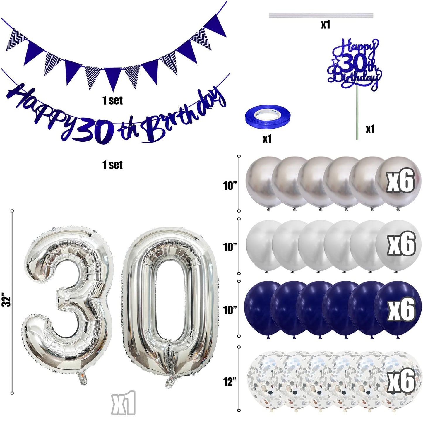 30Th Birthday Decorations For Men, Navy Blue Silver 30Th Birthday Balloons With Blue Happy 30Th Birthday Banner 30 Birthday Cake