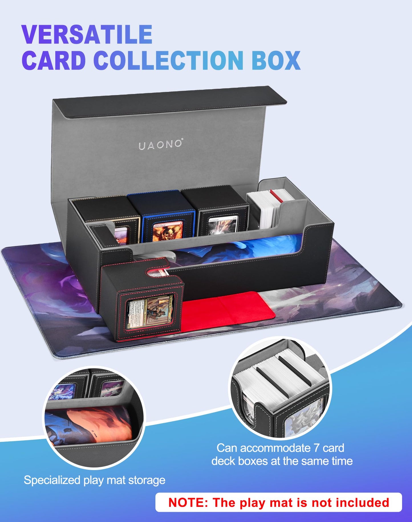 UAONO Card Storage Box for Trading Cards  5 in 1 Card Deck Case with 4 Pcs Small Commander Deck Box  Large Card Box for MTG/TCG/PTCG Magic Sports Cards Game Playmat (Black  Gray)
